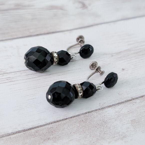 Vintage Screw Back Earrings Black Faceted Dangle - Picture 2 of 5
